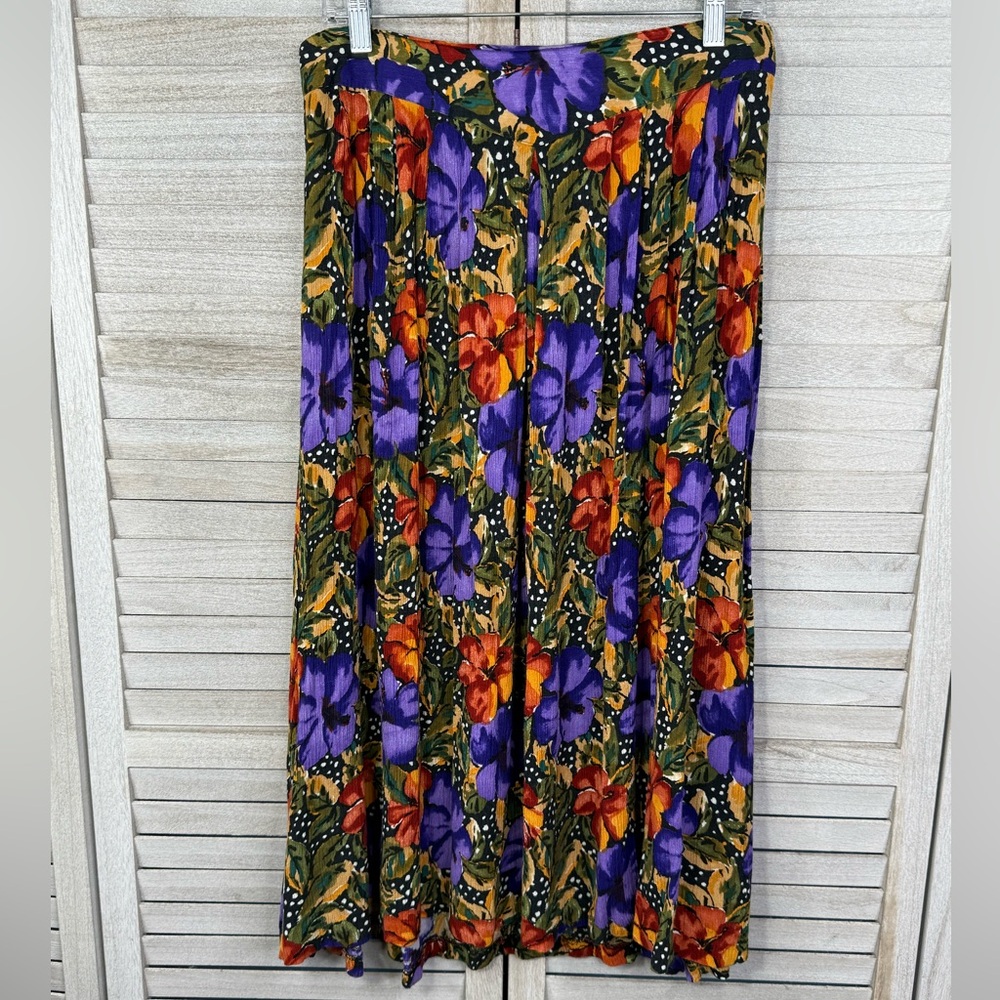 FRANCINE BROWNER (Woman) Vintage 80's Pull On Crinkle Gauze Midi Skirt Floral-18